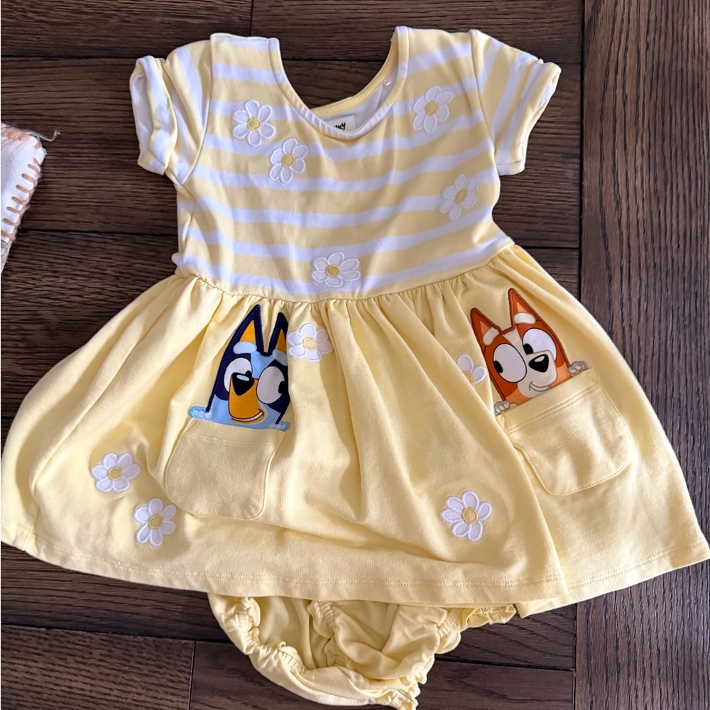 Little Sleepies brand Yellow Stripe Bluey Dress with bloomers, size 12-18 mo
